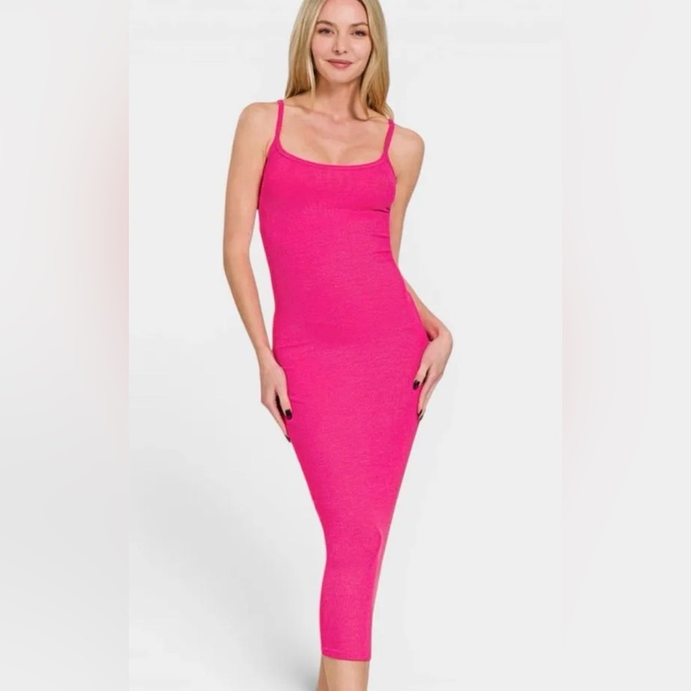 NEW Medium Zenana Ribbed Bodycon Midi Dress in Hot Pink